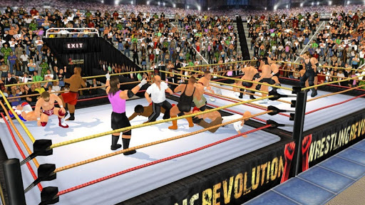 An exciting wrestling match in a vibrant 3D arena, capturing the energy and passion of WR3D Free.