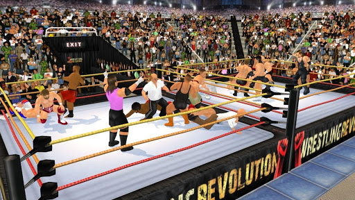 An exciting wrestling match in a vibrant 3D arena, capturing the energy and passion of WR3D Free.