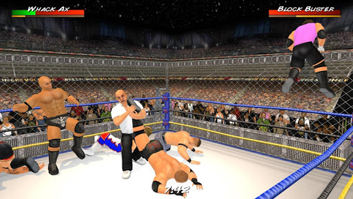 An exciting wrestling match in a vibrant 3D arena, capturing the energy and passion of WR3D Free.