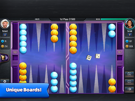 A vibrant digital backgammon board, inviting players to engage in a classic game with a modern twist, evoking nostalgia and excitement.