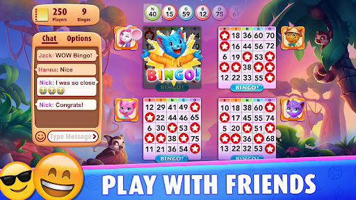 A group of friends excitedly playing a vibrant and adventurous mobile bingo game, symbolizing fun and social interaction.