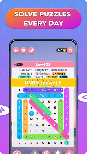 A joyful scene of a person excitedly engaging with a colorful word search puzzle on their mobile device, symbolizing fun and mental stimulation.