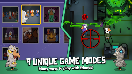 A group of animated geese in a whimsical game setting, conveying fun and mystery.