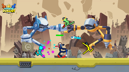 A thrilling duel between two stickman characters in a vibrant, action-packed arena.