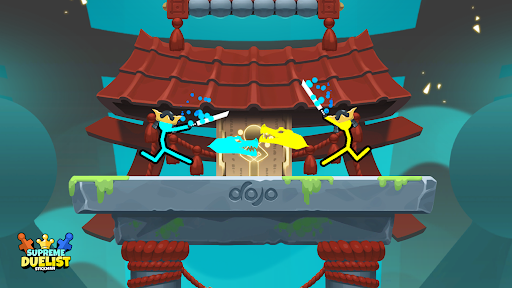 A thrilling duel between two stickman characters in a vibrant, action-packed arena.