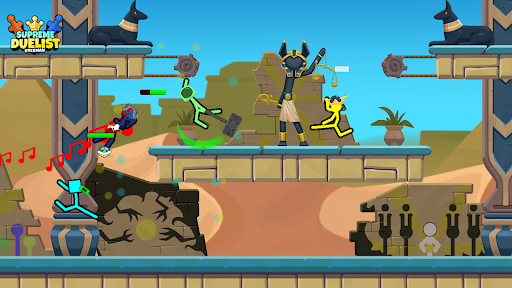 A thrilling duel between two stickman characters in a vibrant, action-packed arena.