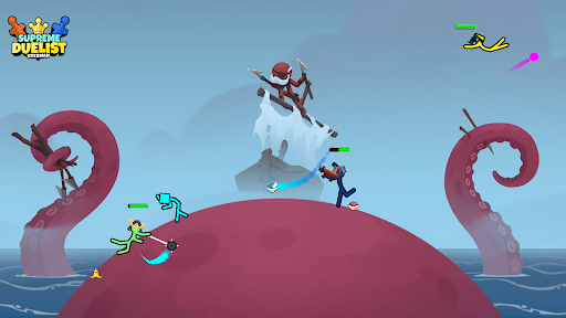 A thrilling duel between two stickman characters in a vibrant, action-packed arena.