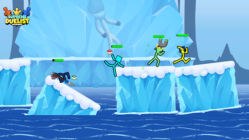 A thrilling duel between two stickman characters in a vibrant, action-packed arena.