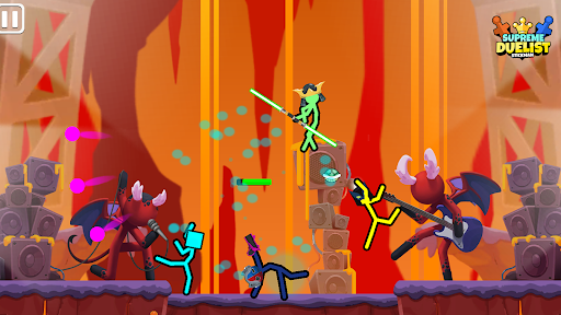 A thrilling duel between two stickman characters in a vibrant, action-packed arena.