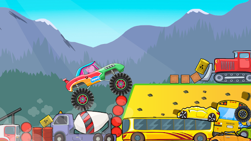 A cheerful hippo driving a colorful monster truck across a vibrant landscape, capturing the essence of adventure and fun.