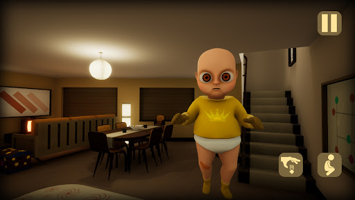 A spooky and eerie atmosphere depicting a dark room with a sinister-looking baby in a yellow onesie.