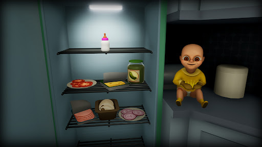 A spooky and eerie atmosphere depicting a dark room with a sinister-looking baby in a yellow onesie.