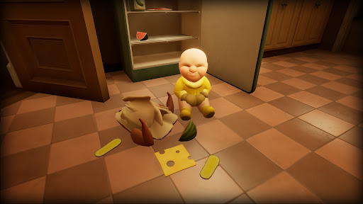 A spooky and eerie atmosphere depicting a dark room with a sinister-looking baby in a yellow onesie.