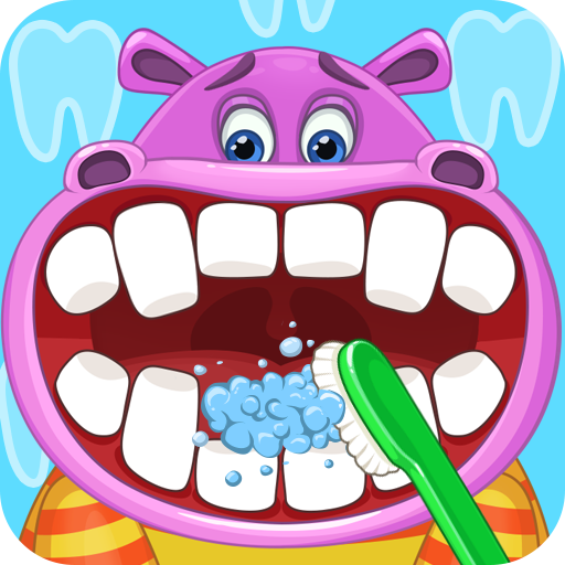 A joyful child plays a dentist game on a tablet, surrounded by colorful dental tools, symbolizing fun and education in dental care.