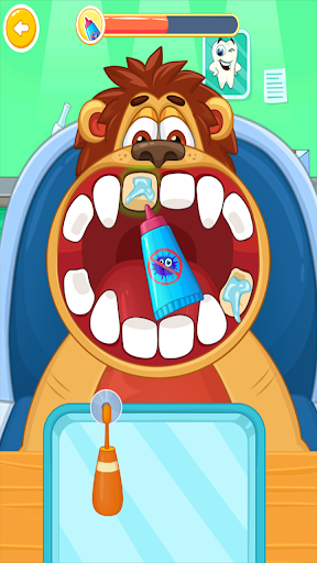 A joyful child plays a dentist game on a tablet, surrounded by colorful dental tools, symbolizing fun and education in dental care.