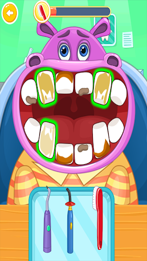 A joyful child plays a dentist game on a tablet, surrounded by colorful dental tools, symbolizing fun and education in dental care.