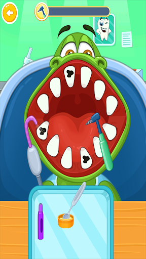 A joyful child plays a dentist game on a tablet, surrounded by colorful dental tools, symbolizing fun and education in dental care.