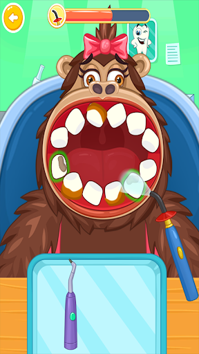 A joyful child plays a dentist game on a tablet, surrounded by colorful dental tools, symbolizing fun and education in dental care.