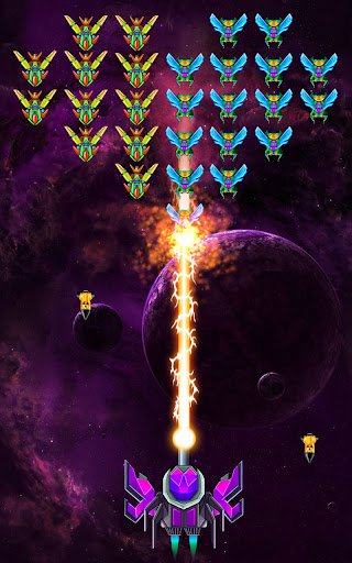 A thrilling space battle scene from Alien Shooter: Galaxy Attack, showcasing a spacecraft amidst vibrant explosions and alien ships.