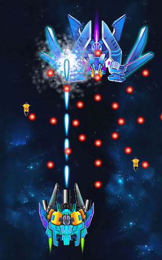 A thrilling space battle scene from Alien Shooter: Galaxy Attack, showcasing a spacecraft amidst vibrant explosions and alien ships.