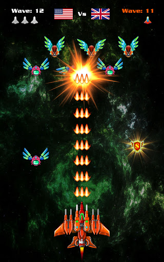 A thrilling space battle scene from Alien Shooter: Galaxy Attack, showcasing a spacecraft amidst vibrant explosions and alien ships.