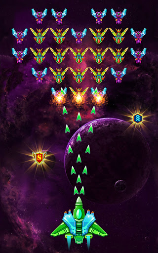 A thrilling space battle scene from Alien Shooter: Galaxy Attack, showcasing a spacecraft amidst vibrant explosions and alien ships.