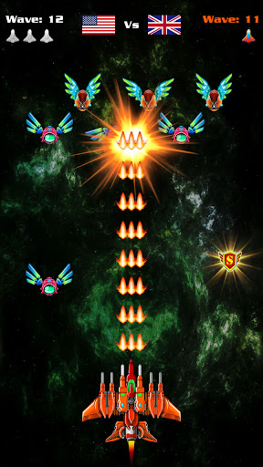 A thrilling space battle scene from Alien Shooter: Galaxy Attack, showcasing a spacecraft amidst vibrant explosions and alien ships.