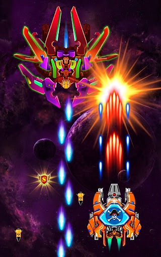 A thrilling space battle scene from Alien Shooter: Galaxy Attack, showcasing a spacecraft amidst vibrant explosions and alien ships.