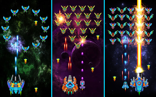 A thrilling space battle scene from Alien Shooter: Galaxy Attack, showcasing a spacecraft amidst vibrant explosions and alien ships.