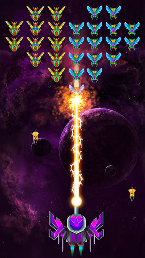 A thrilling space battle scene from Alien Shooter: Galaxy Attack, showcasing a spacecraft amidst vibrant explosions and alien ships.