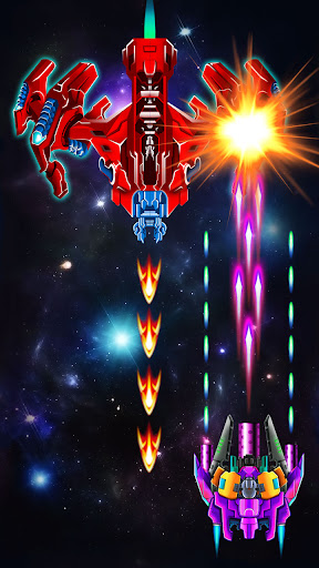 A thrilling space battle scene from Alien Shooter: Galaxy Attack, showcasing a spacecraft amidst vibrant explosions and alien ships.