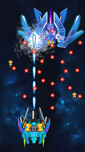 A thrilling space battle scene from Alien Shooter: Galaxy Attack, showcasing a spacecraft amidst vibrant explosions and alien ships.