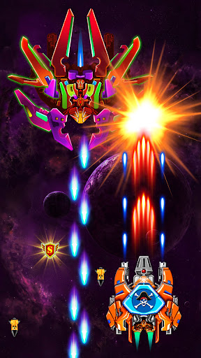 A thrilling space battle scene from Alien Shooter: Galaxy Attack, showcasing a spacecraft amidst vibrant explosions and alien ships.