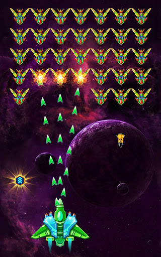 A thrilling space battle scene from Alien Shooter: Galaxy Attack, showcasing a spacecraft amidst vibrant explosions and alien ships.