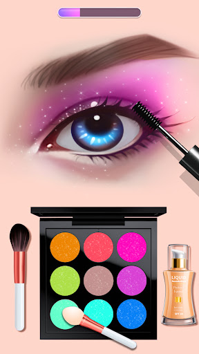 A joyful woman exploring virtual makeup styles on her smartphone, expressing excitement and curiosity with a vibrant palette of digital makeup options.