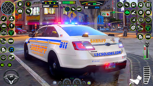 A thrilling police car chase through the bustling streets of New York City, capturing the adrenaline and excitement of law enforcement in action.