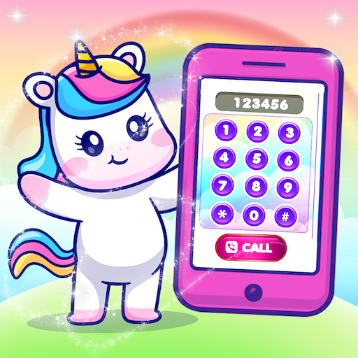 A joyful toddler engaged with a colorful and educational mobile app, surrounded by vibrant unicorn-themed graphics, representing a magical and enriching learning experience.