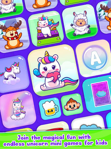 A joyful toddler engaged with a colorful and educational mobile app, surrounded by vibrant unicorn-themed graphics, representing a magical and enriching learning experience.