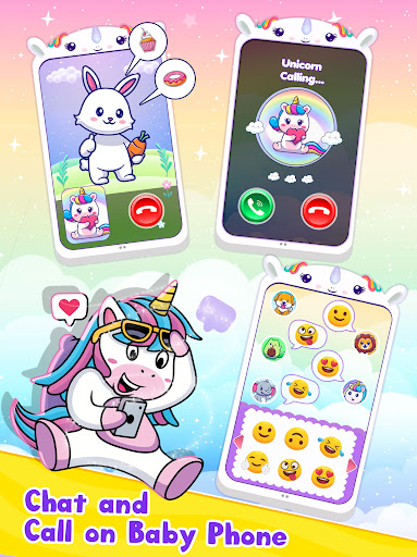 A joyful toddler engaged with a colorful and educational mobile app, surrounded by vibrant unicorn-themed graphics, representing a magical and enriching learning experience.