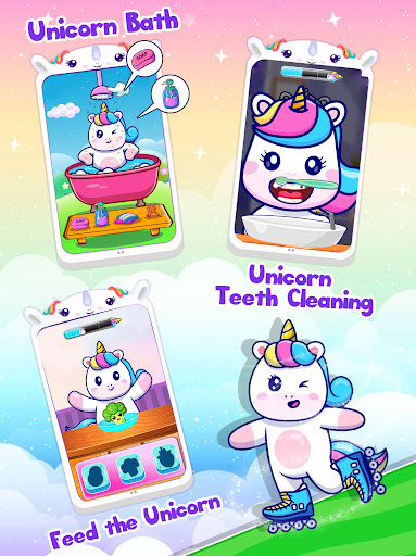 A joyful toddler engaged with a colorful and educational mobile app, surrounded by vibrant unicorn-themed graphics, representing a magical and enriching learning experience.