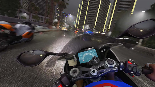 A thrilling scene of a motorcyclist racing through a vibrant city street, capturing the excitement and speed of Traffic Bike Racing.