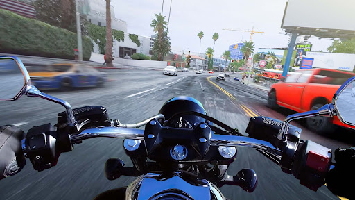 A thrilling scene of a motorcyclist racing through a vibrant city street, capturing the excitement and speed of Traffic Bike Racing.