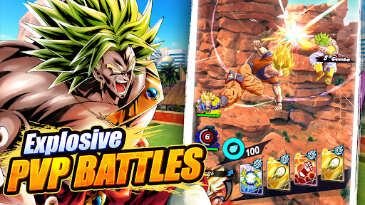 A thrilling and colorful battle scene from Dragon Ball Legends, featuring iconic anime characters in an intense showdown, capturing the excitement and energy of the game.