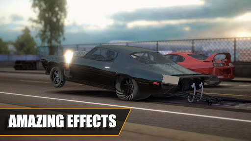 A fiery race car speeding down the drag strip, flames trailing behind, capturing the thrill and excitement of drag racing.