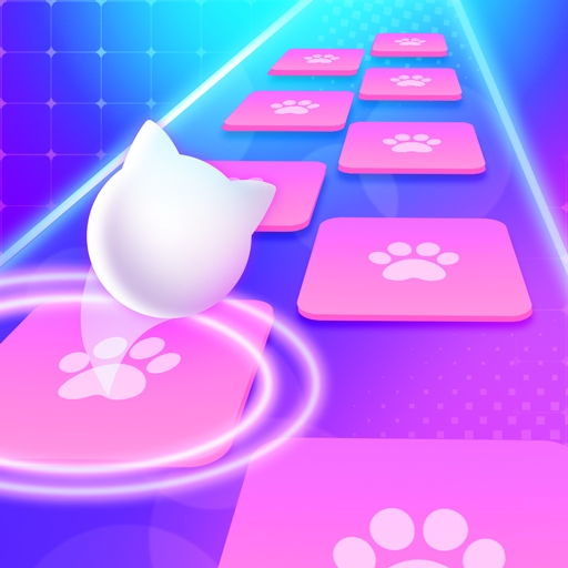 A joyful cat character hopping across colorful music tiles, embodying the lively and rhythmic essence of the Beat Cat Dancing Hop Tiles game.