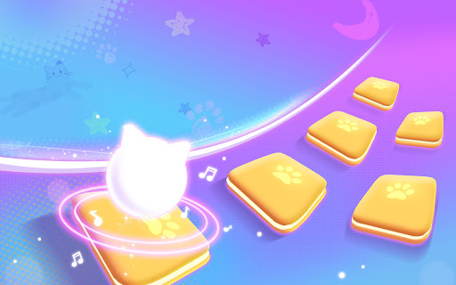 A joyful cat character hopping across colorful music tiles, embodying the lively and rhythmic essence of the Beat Cat Dancing Hop Tiles game.