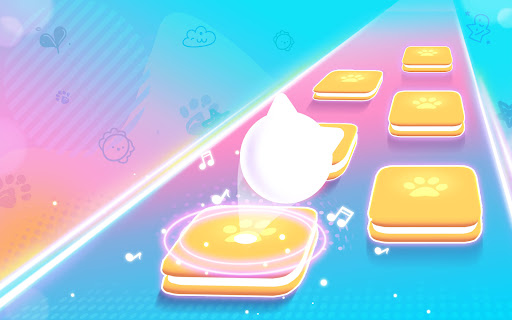 A joyful cat character hopping across colorful music tiles, embodying the lively and rhythmic essence of the Beat Cat Dancing Hop Tiles game.