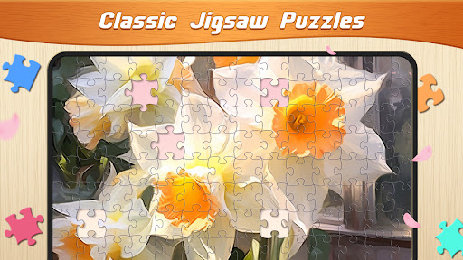 A person eagerly solving a colorful, intricate jigsaw puzzle, feeling accomplished and relaxed.