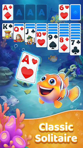 A vibrant and colorful underwater world filled with lively fish, representing the fun and engaging theme of the Solitaire Fish card game.