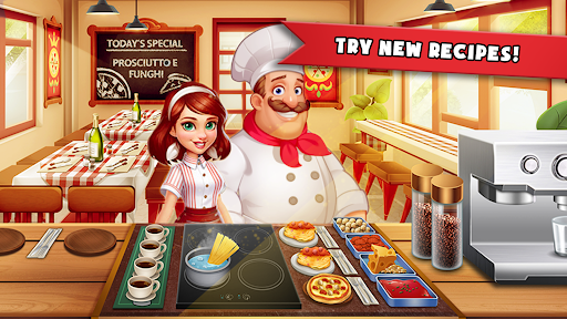 A thrilling kitchen scene filled with bustling chefs, sizzling pans, and colorful dishes, capturing the excitement and challenge of the Cooking Madness game.